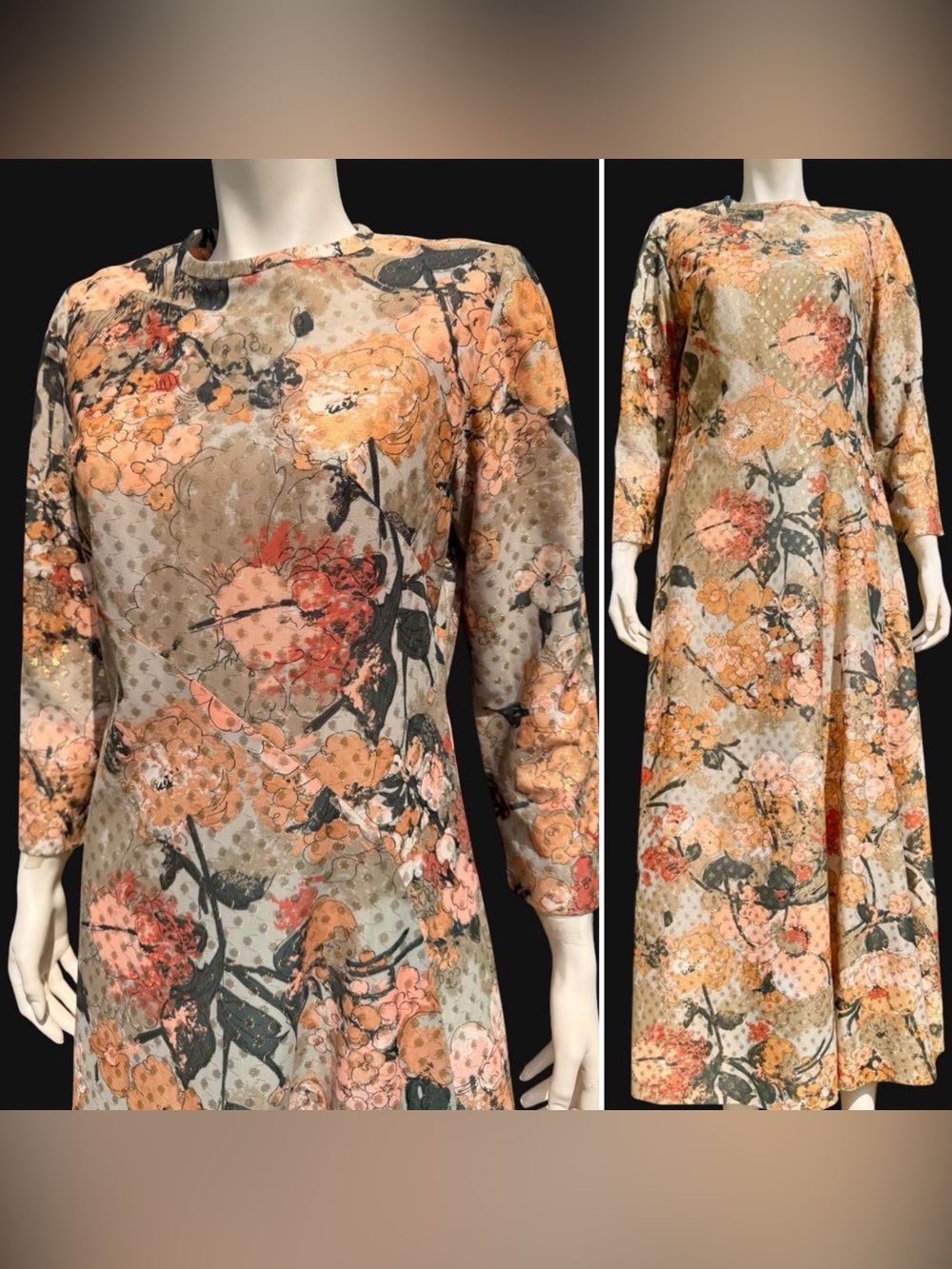 Vintage METALLIC DOTS FLORAL DRESS 1970s Autumnal Floral Maxi Leslie Pomer S